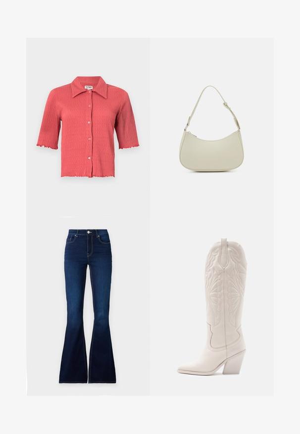 Blouse à manches courtes en jersey de couleur corail rose avec un col pointu, fermeture par boutons et bords festonnés aux manches et à l'ourlet. Texture légère.; Jean flare bleu foncé à taille haute, en denim. Présente des coutures contrastées et une fermeture à bouton à l'avant. Texture lisse.; Bottine de cowboy en cuir blanc avec un bout pointu et un talon bloc. Présente des motifs de broderie complexes sur la tige et une texture lisse.; Pieces PCALUANA SHOULDER BAG - Sac à main - birch