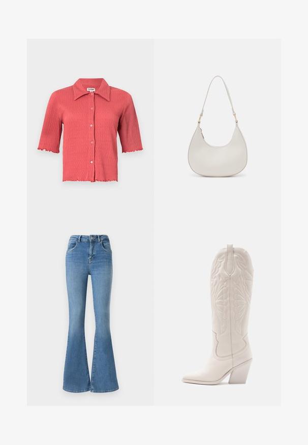 Krátky rukáv, rebrovaná blúzka v koralovom ružovom s výstrihom v tvare ňou, gombíkovým zapínaním a vlnitými okrajmi na rukávoch a leme. Ľahká textúra.; Rozšírené džíny vyrobené z modrého denimu, s vysokým pásom, zapínaním na zips a gombík, a so zastreným dizajnom s jemnými whiskeringovými detailmi.; Biele kožené kovbojské topánky s špicatou špičkou a blokovým opätkom. Majú zložitý výšivkový vzor na šachte a hladkú textúru.; Krémová kožená taška na rameno v polkruhovom tvare, so tenkým popruhom a subtílnym prešívaním. Minimalistický dizajn s akcentmi z pozlátenej ocele.