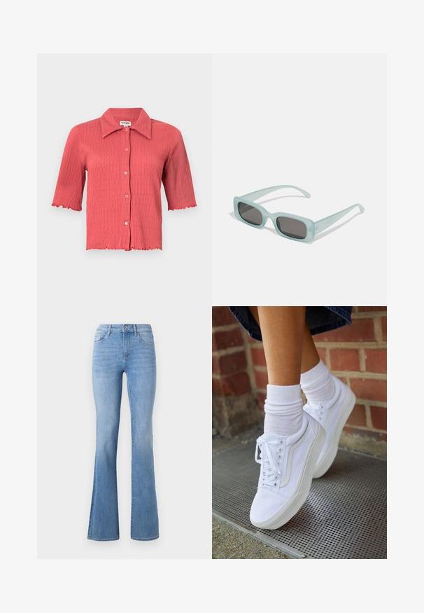 Kortærmet, ribbet bluse i koralrød med spids krave, knaplukning foran og bølgede kanter ved ærmer og kant. Letvægtig tekstur.; Lysblå flagrende jeans med mellemhøj talje, klassisk fem-lomme design og subtil fading langs benene. Denim stoftekstur.; Hvide lærreds sneakers med gummisåler, der har seks snørehuller, rund tå og let sømdetaljer, krydret med hvide ankelstrømper.; Et par rektangulære solbriller med lyseblå gennemsigtige stel og mørkegrå linser, der har lige templer og minimale hardware detaljer.