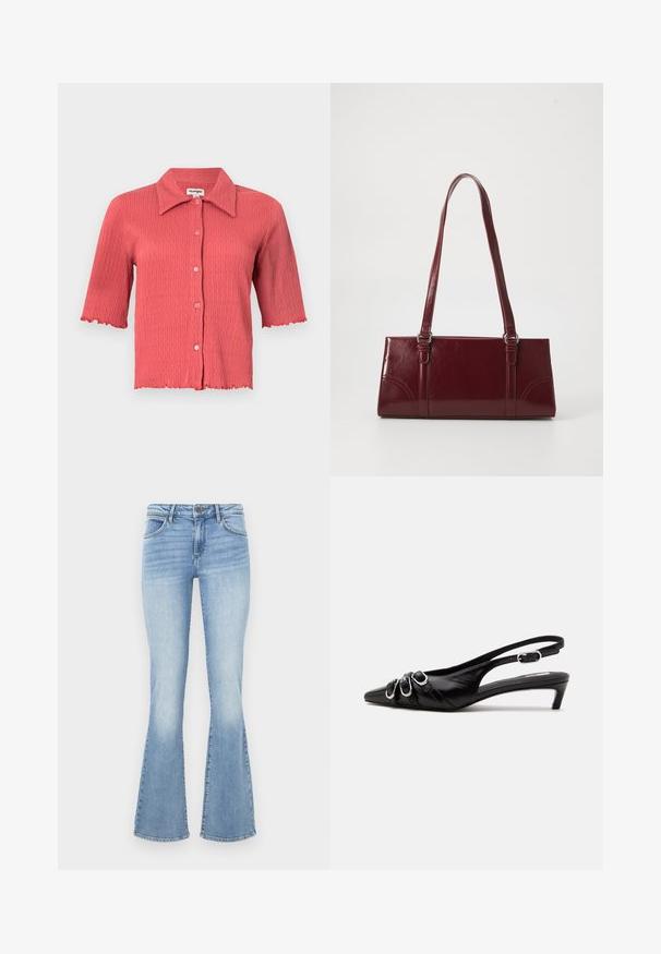 Korte mouw, geribbelde blouse in koraalroze met een puntige kraag, knopenfront en golvende randen aan de mouwen en de zoom. Lichtgewicht textuur.; Lichtblauwe flared jeans van denim. Beschikt over een traditionele vijf-pocketontwerp en een rits met een knoopsluiting. Vervaagde effecten op de dijen.; Zwarte leren slingback schoen met puntige neus, drie zilveren gespen aan de voorkant en lage kittenhak op witte achtergrond.; Bourgondische handtas van glanzend materiaal, rechthoekige vorm, met twee schouderbanden en subtiele gebogen accenten aan de voorkant.
