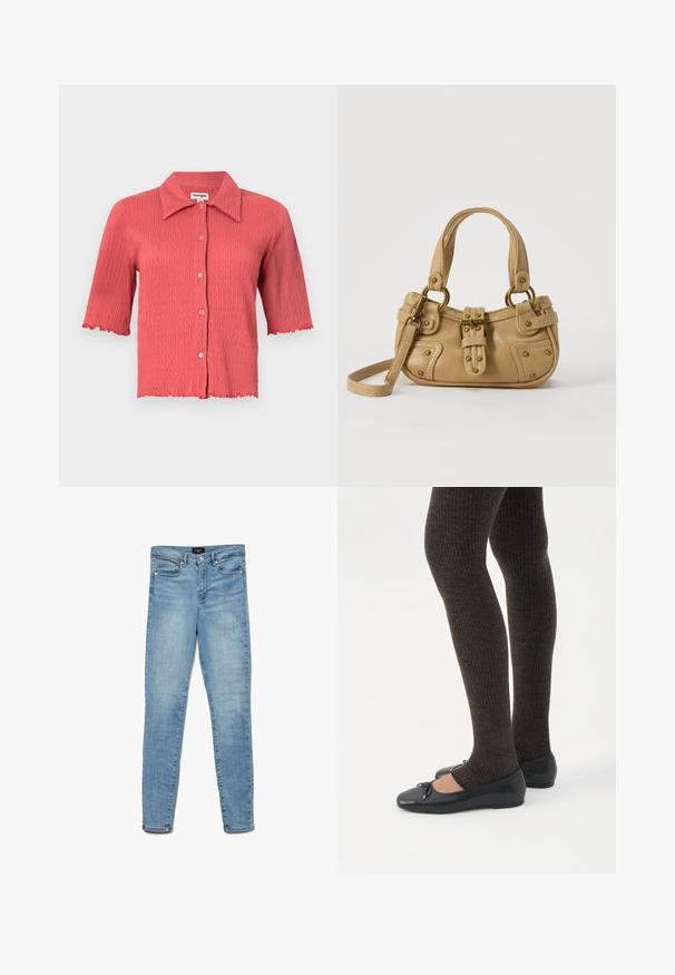 Korte mouw, geribbelde blouse in koraalroze met een puntige kraag, knopenfront en golvende randen aan de mouwen en de zoom. Lichtgewicht textuur.; Lichtblauwe vervaagde skinny jeans met een knoopsluiting aan de voorkant en vijf zakken, plat gelegd op een witte achtergrond.; Benen met donkere geribbelde leggings gecombineerd met zwarte ballerina's met kleine strikdetails op een witte achtergrond.; Beige leren handtas met dubbele handvatten, messing gesps en klinknagel details, en een verstelbare schouderriem tegen een witte achtergrond.