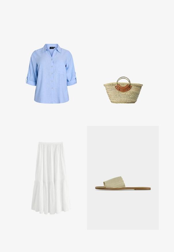 Lichtblauw, kort mouwen button-up shirt met een kraag, enkele borstzak en oprolbare mouwen. Gemaakt van een gestructureerde stof.; Witte rok tot op de knie gemaakt van lichtgewicht stof. Heeft een geplooide tailleband en een gelaagde zoom met een zachte, vloeiende textuur.; Platte sandaal met een beige zool en brede, beige geweven band over de bovenkant, getoond in zijaanzicht op een effen achtergrond.; Geweven strohandtas met halfcirkelvormige metalen handvatten en bruine leren afwerking met zwarte klinknagels.