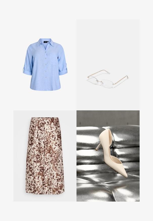Lichtblauw, kort mouwen button-up shirt met een kraag, enkele borstzak en oprolbare mouwen. Gemaakt van een gestructureerde stof.; Middelange rok van gladde stof, met een crème basis en bruine, spetterachtige patronen. Elastische tailleband voor comfort.; Crèmekleurige hoge hak zweeft boven een glanzende zilveren leren bank met knopen, zonder zichtbare mensen of handelingen.; Gouden metalen bril met ovale lenzen, slanke armen en transparante neus pads. Heeft subtiele scharnieraccenten en transparante lenzen.