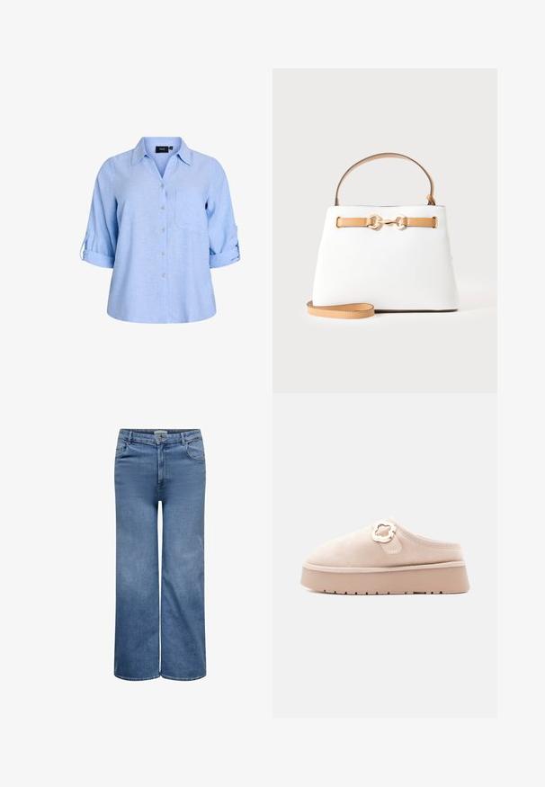 Lyseblå, kortærmet skjorte med knapper og krave, enkelt brystlomme og ærmer med rulleflap. Fremstillet af et struktureret stof.; Bredde ben denim jeans i lyseblå vask. Fremstillet af bomuld, med et klassisk femlomme-design og subtile syninger.; Beige ruskinds slip-on sko med en chunky lys beige sål, der har en dekorativ gylden blomsteraccent på siden. Tekstureret overdel og glat finish.; Hvid håndtaske med lysebrune håndtag, guldfarvet metalspænde og en aftagelig lysebrun skulderrem på en ensfarvet lys baggrund.