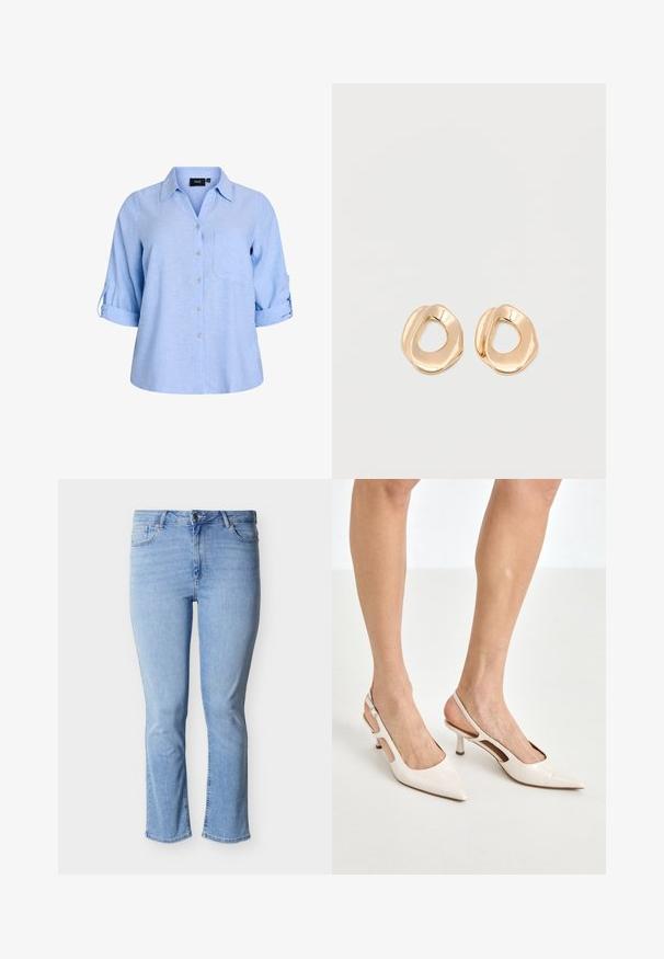 Lyseblå, kortærmet skjorte med knapper og krave, enkelt brystlomme og ærmer med rulleflap. Fremstillet af et struktureret stof.; Lyseblå denimjeans med lige pasform, fem-lomme design og knaplukning i taljen. Slidt tekstur på stoffet.; Beige patenterede læder slingback hæle med spids tå og 5 cm hæl, med udskårne sider og en tynd ankelrem.; Par af uregelmæssigt formede, polerede øreringe i guldfarvet metal med åben midte på en ens hvid baggrund.