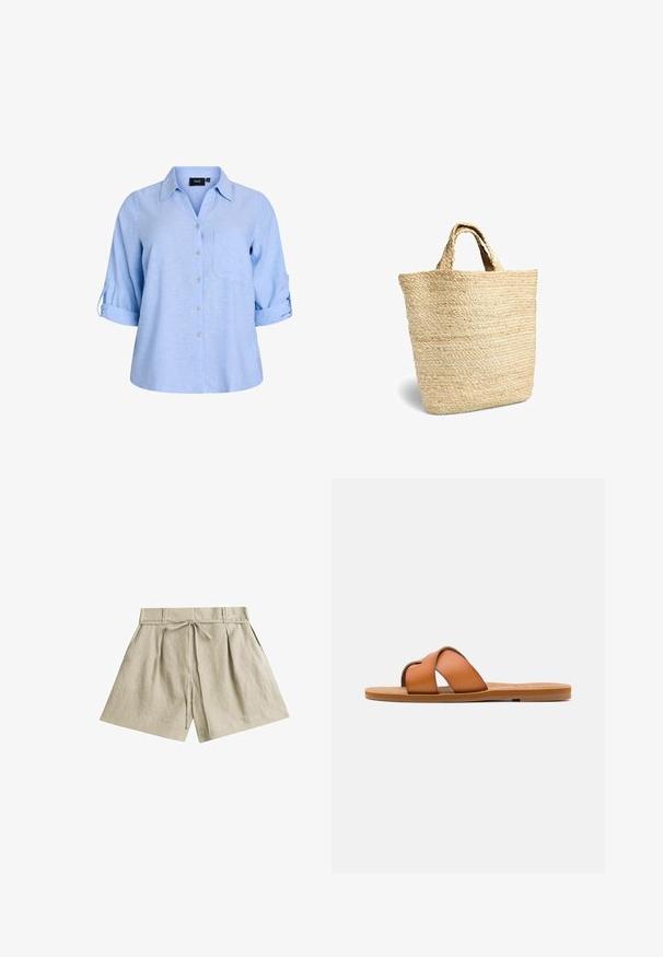 Lyseblå, kortærmet skjorte med knapper og krave, enkelt brystlomme og ærmer med rulleflap. Fremstillet af et struktureret stof.; Beige højtaljede linnedshorts med forreste folder, et stofbælte bundet i en sløjfe og sidelommer.; Brune læder slide sandal med krydsede stropper, flad sål, glat overflade og minimalisk design til afslappet brug.; Vævet stråtaske med korte håndtag, naturlig beige farve, stående oprejst på hvid baggrund.