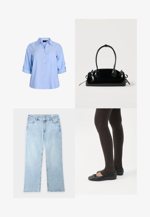 Lyseblå, kortærmet skjorte med knapper og krave, enkelt brystlomme og ærmer med rulleflap. Fremstillet af et struktureret stof.; Lyseblå denimjeans med lige ben, fem lommer, bæltestropper og lukning med knap og lynlås, lagt fladt på en hvid baggrund.; Ben iført mørke ribbede leggings kombineret med sorte balletsko med små sløjfedetaljer på hvid baggrund.; Lille sort blank håndtaske med to lange håndtag og snøre-detaljer i siden på en ensfarvet lys baggrund.