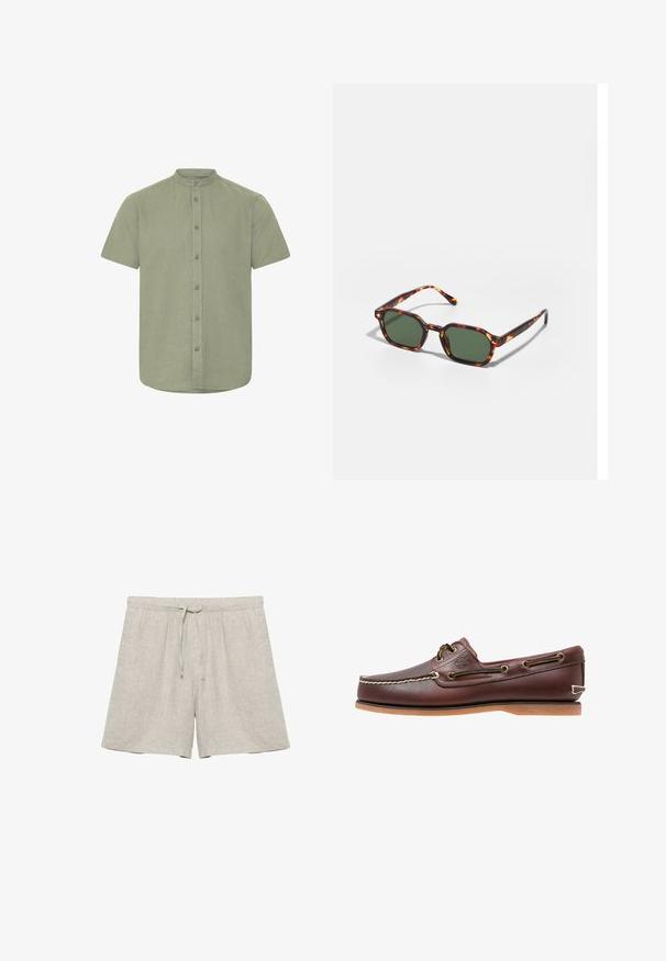Chemise à manches courtes avec col en tissu vert clair, boutonnée sur le devant, avec une coupe droite et une texture subtile, sans motifs visibles.; Shorts en lin beige clair avec taille élastique et cordon de serrage, coupe droite, sans marque visible ni motifs.; Chaussure bateau en cuir marron avec coutures blanches, détails de lacets et semelle en caoutchouc beige, vue de côté sur fond blanc.; Lunettes de soleil en écaille de tortue avec des verres verts, présentant une forme octogonale et des branches minces et courbées. Le matériau a une finition brillante.