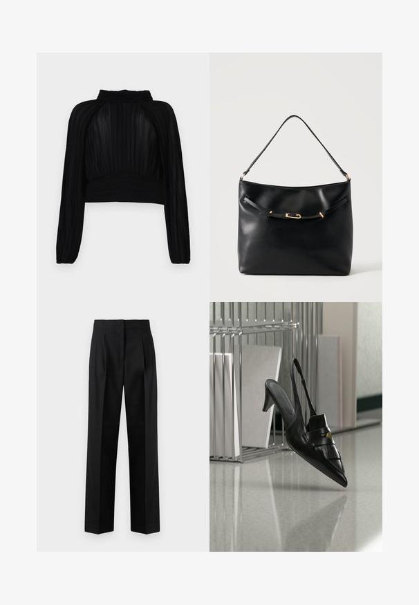 Top negro corto con textura plisada, mangas largas, cuello alto y detalles recogidos en el dobladillo y los hombros.; Pantalones negros de tela tejida, con un diseño ajustado que incluye pliegues, pierna recta y frontal plano. Textura duradera y suave.; Zapato de tacón destalonado de cuero negro con puntera puntiaguda, flecos y detalle de botón dorado sobre un suelo reflectante cerca de soportes metálicos para archivos.; Bolso de hombro de cuero negro con una sola correa y un pequeño detalle de hebilla dorada en la parte delantera sobre un fondo claro y liso.