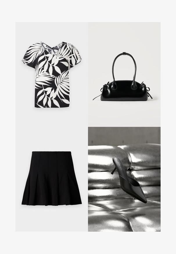 Blouse noire à manches courtes avec un motif de feuilles blanches, présentant un décolleté en V et un tissu texturé.; Jupe noire courte plissée en tissu lisse. Dispose d'une taille élastique et d'une silhouette évasée qui s'étend jusqu'au milieu de la cuisse.; Mule noire à bout pointu avec un talon fin, posée sur une surface matelassée argentée brillante et métallique.; Petit sac à main noir brillant avec deux longues anses et des détails à cordon sur les côtés sur un fond clair uni.