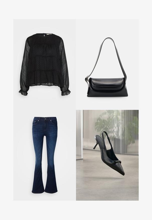 Zwarte doorschijnende blouse met gestippeld patroon, lange pofmouwen, volants aan de mouwen en een ronde halslijn met een knoopsluiting op de rug.; Uitlopende donkerblauwe denim jeans met een gladde textuur, vijf zakken en knoopsluiting. Kenmerkt zich door een geleidelijke verheldering naar de zoom toe.; Zwarte, gestructureerde leren slingback hoge hak schoen met een puntige neus en een kleine decoratieve gesp, zwevend boven een gladde vloer.; Zwarte leren handtas met een gestructureerde vorm, een gladde textuur en een enkele schouderband. Heeft een subtiele, afgeronde klepontwerp.
