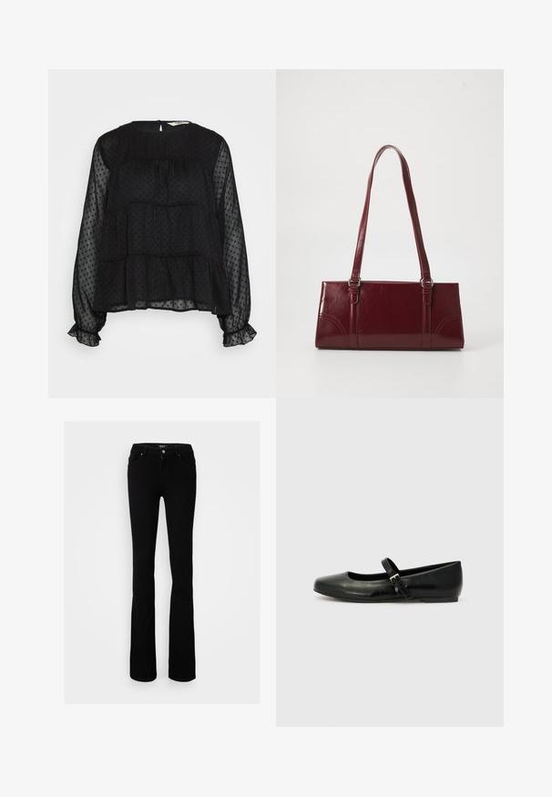 Must mustriga must blouse, millekese riidekattega, pikad puhv-kleepsuga varrukad, rõngakujulise kaelustega ja tagumise nööbiga sulgemisega.; Must have mustharjutatud denimine lõhiku põlvpükse, millel on nupukuulutus, neli taskut ja sile tekstuur, kavandatud sobiva silueti jaoks.; Musthave musta nahast balletkingad ümmarguse varbaga, lame tald ja õhuke reguleeritav rihm üle jala, millel on metallist pandla.; Burgundia värvi käekott, mis on valmistatud läikivast materjalist, ristküliku kujuline, kahe õlapaelaga ning ees on peened kaarjad aktsendid.
