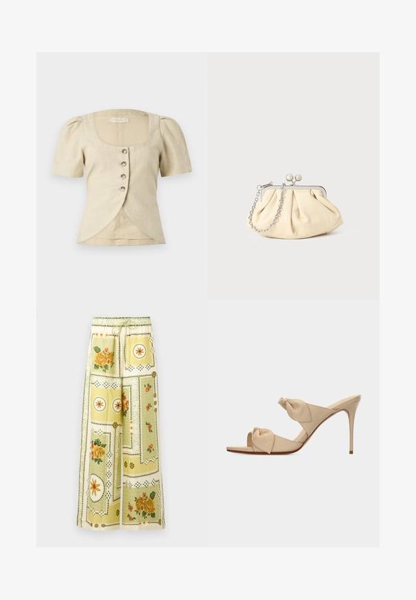 Blusa de lino beige con mangas cortas abullonadas, escote cuadrado y cinco botones en la parte delantera. Presenta un diseño de dobladillo superpuesto.; Pantalones de pierna ancha con patrones de patchwork florales y geométricos en amarillo claro, con cintura elástica y cordón ajustable.; Sandalia mule de tacón alto color beige con dos tiras nudo retorcidas y tacón stiletto delgado sobre fondo blanco.; Clutch de cuero beige plisado con un marco de metal plateado, que cuenta con dos broches decorativos redondos y una correa de cadena plateada.