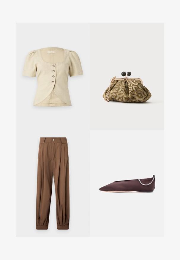Beige lina blouse lühikeste puhvvarrukatega, ruudukujulise kaelusega ja ees viie nööbiga. Omab kattuvat hemidisaini.; Pruunid kõrge vöökohaga püksid voldiga esiosas ja elastsete mansettidega, vööaasad ja nööpidega kinnis.; Tumepruunid terava varbaga madala kontsaga lamedad kingad, mille tagaküljel on hõbedaste teemandikettide detail.; Väike käekott kuldse ja musta geomeetrilise mustriga, kuldse metallraamiga, musta palliga lukk ja lühikese kuldse kettaga sang.