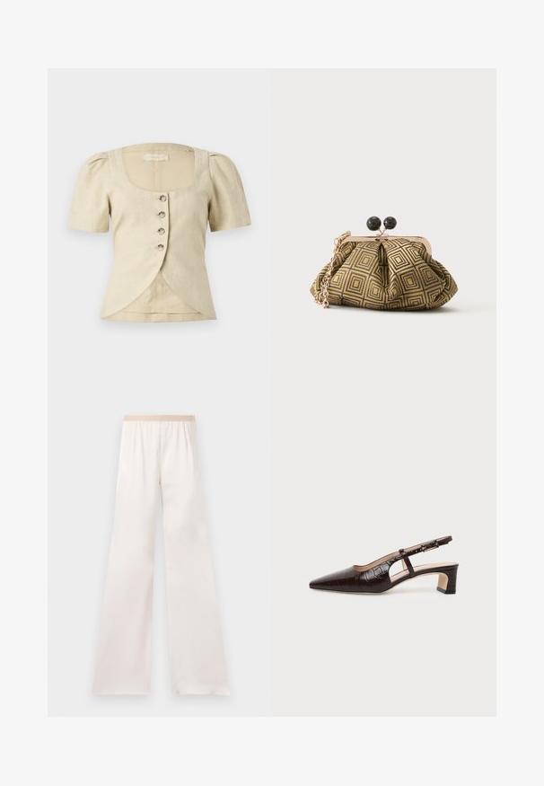 Blusa de lino beige con mangas cortas abullonadas, escote cuadrado y cinco botones en la parte delantera. Presenta un diseño de dobladillo superpuesto.; Pantalones de pierna ancha y talle alto en color crema con una cinturilla elástica beige, mostrados sobre un fondo liso y claro.; Zapato slingback de cuero con textura de cocodrilo en marrón oscuro, puntera puntiaguda, tacón bajo de bloque y correa ajustable con hebilla dorada.; Pequeño bolso de mano con patrón geométrico en dorado y negro, marco metálico dorado, cierre de bola negro y una corta correa de cadena dorada.