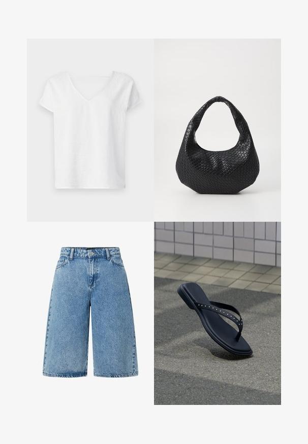 Hvid linned skjorte med en afslappet pasform, korte ærmer og V-hals design. Har en let struktureret overflade og sideskår for nem bevægelse.; Lysblå denimshorts med en bred skæring, standard fem-lomme design og et struktureret stof med en falmet finish.; Sort flip-flop sandal med nittede stropper hængende over asfaltbelægning nær flisebelagt vægkant.; Sort flettet håndtaske med et buet håndtag, der har en struktureret overflade og en afslappet form. Glat finish med en organisk silhuet.
