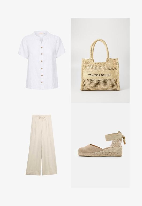 Witte linnen shirt met een korte, ronde kraag, voorzien van een knoopsluiting met houten knopen en verticale stikdetails.; Beige linnen broek met wijde pijpen, elastische tailleband en aantrekkoord, ontworpen voor een losse en comfortabele pasvorm.; Beige espadrille met een canvas bovenwerk, een gestructureerde geweven hak en een gevlochten juten zool; heeft een gestrikte enkelband voor een veilige pasvorm.; Beige geweven draagtas met twee handvatten en "VANESSA BRUNO" in het zwart gedrukt op een solide geweven paneel in het midden.