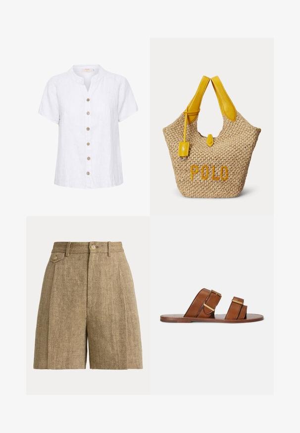 Witte linnen shirt met een korte, ronde kraag, voorzien van een knoopsluiting met houten knopen en verticale stikdetails.; Beige, getailleerde short met visgraatpatroon, voorzijde met knoop en riemlussen, met een zijkant zak met knoopdetail.; Bruine leren slidesandalen met twee verstelbare banden, gespen in goudkleurige tint en een flat houten zool.; Beige geweven totebag met gele leren handvatten, een klein geel leren label en het woord "POLO" in geel geborduurd aan de voorkant.
