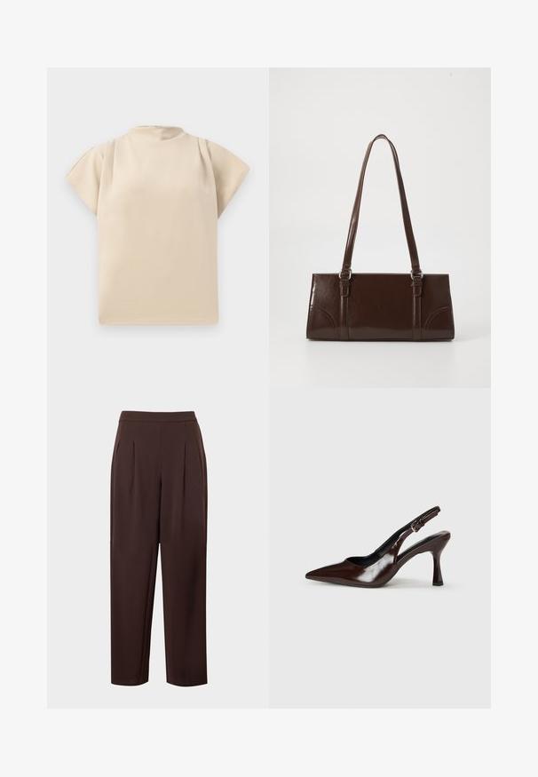 Haut beige à manches courtes avec un col montant et une coupe décontractée. Texture lisse avec un léger drapé au niveau des épaules. Design simple et minimaliste.; Pantalon taille haute sur mesure brun foncé avec plis devant et jambes droites légèrement fuselées sur un fond uni.; Talons slingback en cuir verni brun avec un bout pointu, un talon fin, et une sangle réglable avec une petite boucle.; Sac à main en cuir verni marron de forme rectangulaire, avec deux longues poignées et des accents courbés subtils à l'avant.