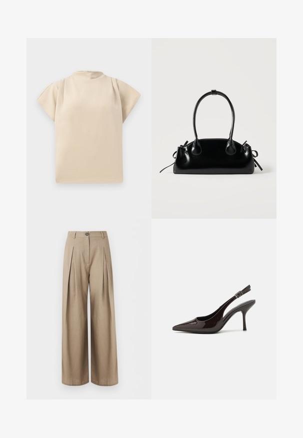 Top beige de manga corta con cuello alto y corte relajado. Textura suave con sutil drapeado en los hombros. Diseño simple y minimalista.; Pantalones beige de pierna ancha con pliegues frontales, cierre de botones, trabillas para cinturón y un acabado de tela suave, mostrados sobre un fondo blanco.; Zapato de tacón alto tipo slingback en piel sintética brillante de color marrón oscuro, con punta afilada, laterales abiertos y correa ajustable en el tobillo.; Pequeño bolso negro brillante con dos asas largas y detalles de cordón lateral sobre un fondo claro liso.