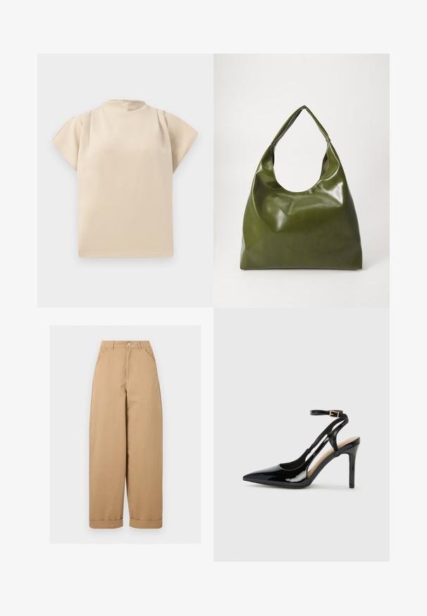 Haut beige à manches courtes avec un col montant et une coupe décontractée. Texture lisse avec un léger drapé au niveau des épaules. Design simple et minimaliste.; Pantalon beige taille haute à jambes larges avec poches avant, passants de ceinture, fermeture par boutons et ourlets retroussés.; Escarpin en cuir verni noir à talon haut, avec un bout pointu, une bride réglable à la cheville et des côtés ouverts. Texture lisse.; Sac hobo en cuir vert au design décontracté, avec une poignée incurvée et une texture lisse. Ne contient aucun matériel ou accent visible.