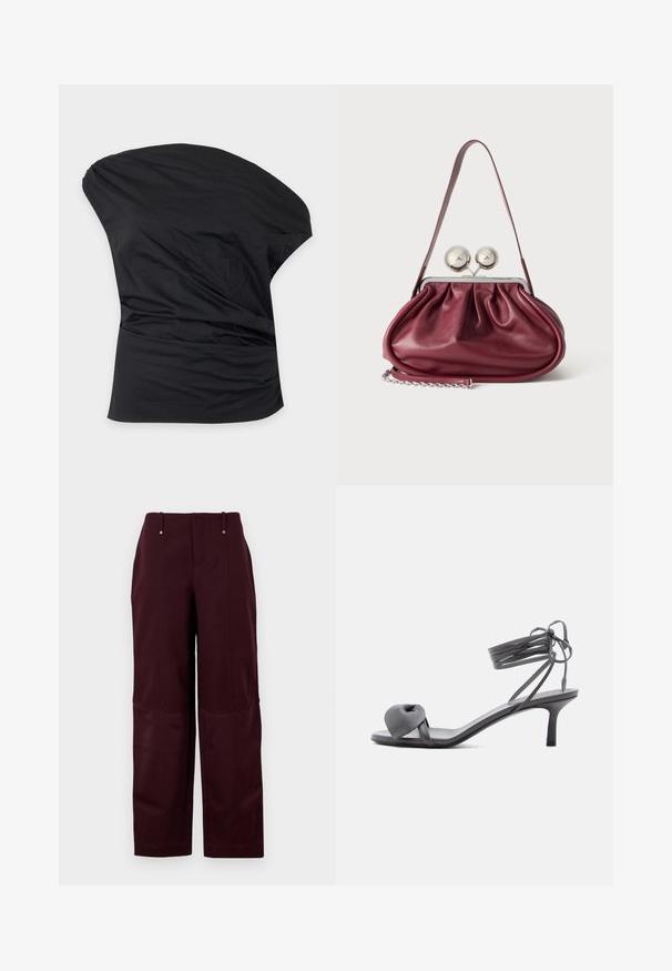 Top asymétrique noir à une épaule avec des fronces douces sur le côté, en tissu lisse.; Pantalons bourgogne à coupe décontractée, avec une texture douce, deux poches avant et deux boutons décoratifs à la taille.; Sandale à talon en cuir gris avec une bride nouée sur les orteils et des lacets enroulants autour de la cheville, sur un talon moyen et fin, sur fond blanc.; Petit sac à main en cuir bordeaux avec des détails froncés, une fine bandoulière et une fermeture argentée comportant deux gros boutons ronds.