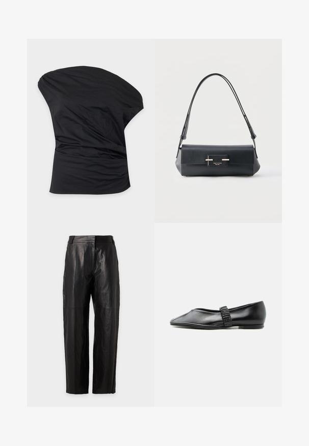 Top asymétrique noir à une épaule avec des fronces douces sur le côté, en tissu lisse.; Pantalon en cuir noir taille haute à jambe droite avec passants de ceinture et détail de couture devant, présenté sur fond uni.; Chaussure plate en cuir noir avec une bride froncée sur le dessus et un bout légèrement pointu, présentée sur un fond uni.; Sac à bandoulière en cuir noir de forme rectangulaire, avec fermeture à rabat, sangle réglable et plaque logo "rag & bone New York" en ton or.