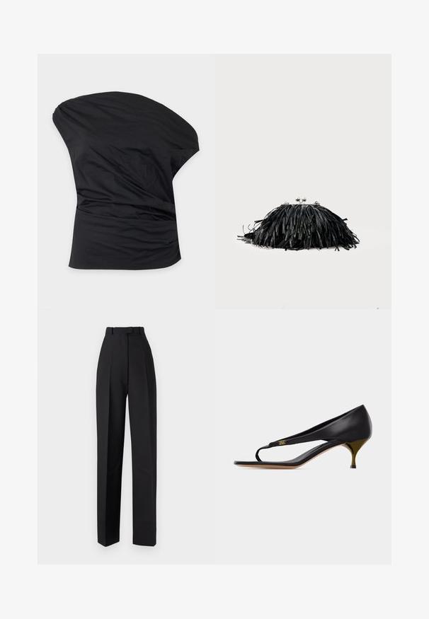 Top asymétrique noir à une épaule avec des fronces douces sur le côté, en tissu lisse.; Pantalons taille haute noirs avec des plis, dotés d'un design ajusté et de jambes droites. Fabriqués dans un tissu lisse, avec un minimum de détails.; Sandale à talon kitten en cuir noir avec fine bride sur les orteils et détail d'emblème doré sur le côté.; Pochette noire à franges avec fermoir argenté et chaîne, sur un fond clair uni.