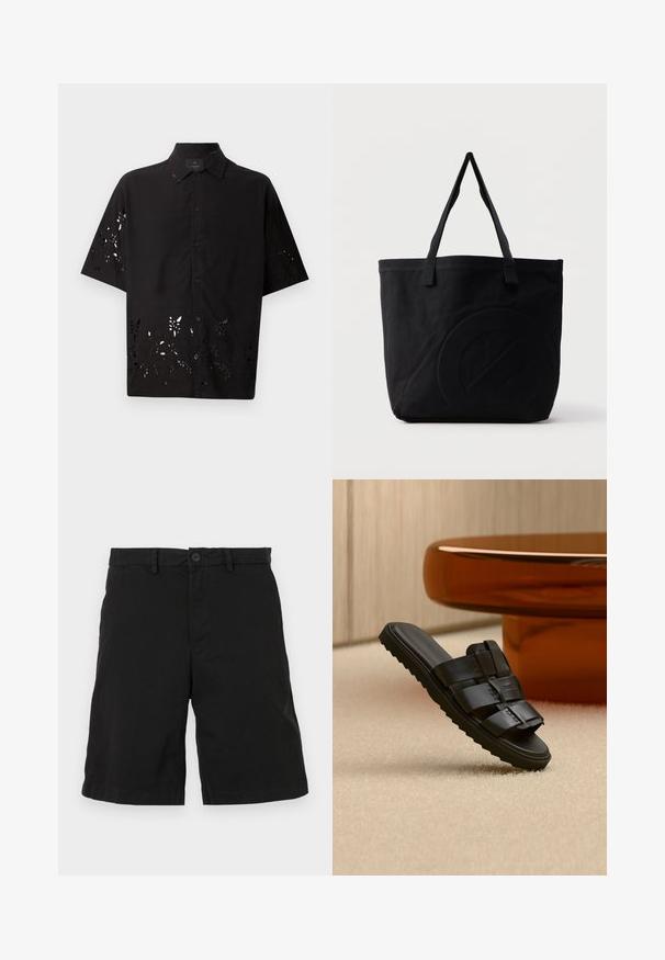 Camisa negra de manga corta con cuello y un patrón floral recortado en el dobladillo, con cierres de botón en la parte delantera y una textura suave.; Pantalones cortos negros de algodón con un diseño de frente plano, que cuentan con un cierre de botón y bolsillos laterales, sin patrones o acentos visibles.; Sandalia tipo slide de cuero negro con tiras anchas y suela estriada sobre alfombra beige cerca de mesa de café redonda marrón.; Bolsa tote de lona negra con dos correas para el hombro y un diseño circular en relieve sutil en el frente.