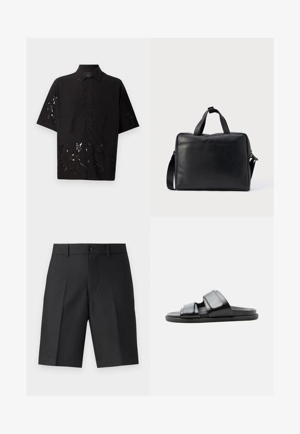 Schwarzes kurzärmeliges Hemd mit kragenförmigem Halsabschluss und ausgeschnittenem Blumenmuster am Saum, mit vorderem Knopfverschluss und glatter Textur.; Schwarze, maßgeschneiderte Shorts aus leichtem Material, mit geradem Schnitt, einzelnen Falten und einem vorderen Knopfverschluss.; Schwarze Sandale mit zwei breiten verstellbaren Riemen und flacher Sohle, seitlich auf hellem Hintergrund gezeigt.; Schwarze Leder-Reisetasche mit rechteckiger Form, zwei Griffen, abnehmbarem Schulterriemen und minimalen Verzierungen.