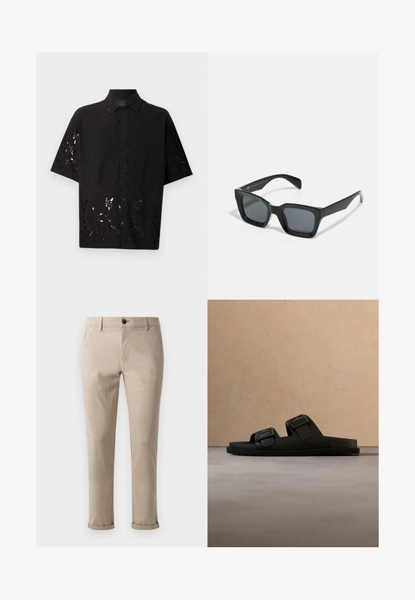 Čierna košeľa s krátkym rukávom má golier a vyrezávaný kvetinový vzor pozdĺž lemovania, s prednými gombíkmi a hladkou textúrou.; Jack & Jones JPSTMARCO FURY NOOS - Nohavice chinos - atmosphere; Čierna šmykľavá sandála s dvoma nastaviteľnými striebornými prackami leží na béžovom textúrovanom koberci, blízko okrúhleho dreveného konferenčného stolíka s naskladanými knihami.; Čierne obdĺžnikové slnečné okuliare s tmavými sklami. Plastový rám s lesklým povrchom, s širokým mostíkom a mierne zúženými stranami.