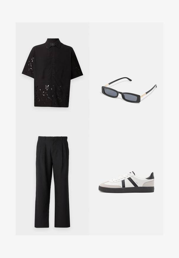 Čierna košeľa s krátkym rukávom má golier a vyrezávaný kvetinový vzor pozdĺž lemovania, s prednými gombíkmi a hladkou textúrou.; Jack & Jones Classic Wide Leg Fit - Nohavice - black; Biele tenisky s čiernymi a šedými akcentmi, s textúrovanou šedou špičkou, čiernou gumovou podrážkou a plochými bielymi šnúrkami. Čistý dizajn, minimalistický štýl.; Obdĺžnikové čierne slnečné okuliare s tmavými šošovkami. Úzke, ploché nožičky majú zlatý akcent. Hladký plastový rám s matným povrchom.