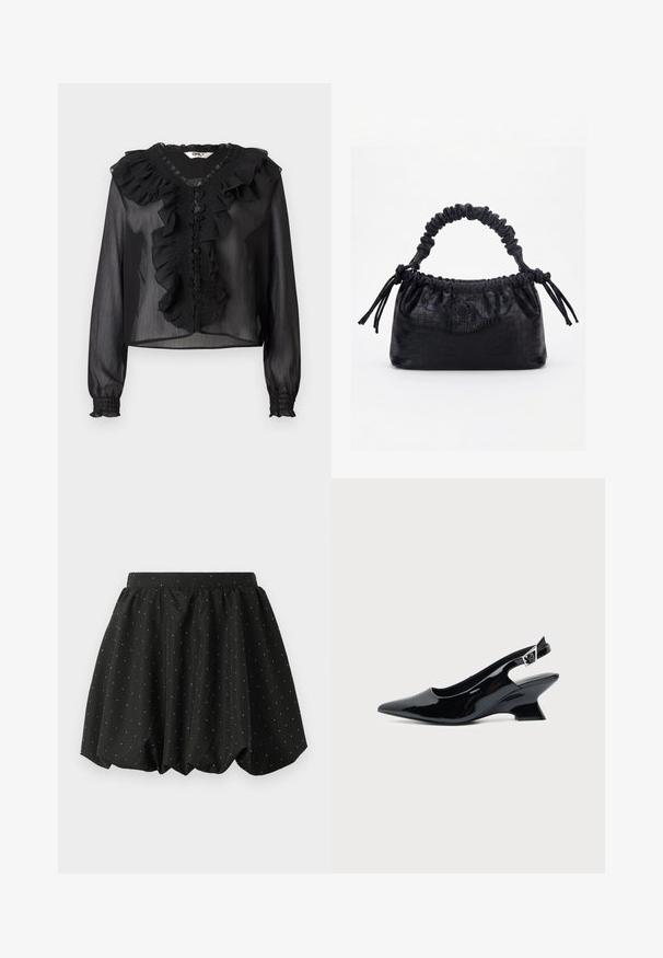 Zwarte doorschijnende blouse met lange mouwen, gerimpelde halslijn en een frontale placket. Bevat smocked details en elastische manchetten. Lichtgewicht stof.; Zwarte bubble rok met een elastische tailleband en een wit stippenpatroon. Gemaakt van lichte stof, met een volumineus ontwerp en een afgeronde zoom.; Zwarte lakleren slingback schoen met spitse neus en lage schuine blokhak op een effen lichte achtergrond.; Zwarte handtas met krokodillenstructuur, geplooide bovenrand, samengevoerde handgreep en koordtassels aan elke kant tegen een witte achtergrond.