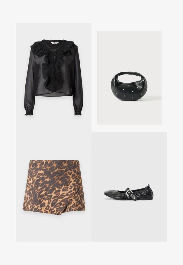 Sort gennemsigtig bluse med lange ærmer, flæseuddannelse ved halsudskæringen og frontplacket. Har smockdetaljer og elastiske manchetter. Letvægtsstof.; Mini nederdel med leopardprint, diagonalt overlap foran, brun og sort mønster på tan stof, lige kant.; Sorte læder flade sko med spids tå, samling detaljer omkring åbningen, og en sølv spænde accent på den justerbare rem.; Sort læderhåndtaske med en rundet form, dekoreret med sølvnitter, og et kort håndtag. Glat tekstur og lynlåslukning.