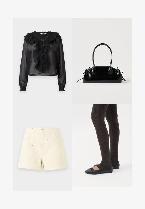 Zwarte doorschijnende blouse met lange mouwen, gerimpelde halslijn en een frontale placket. Bevat smocked details en elastische manchetten. Lichtgewicht stof.; Geel denim shorts met een hoge taille en een losse pasvorm, met kleine zilveren studs die over de voorkant zijn verspreid voor detail.; Benen met donkere geribbelde leggings gecombineerd met zwarte ballerina's met kleine strikdetails op een witte achtergrond.; Kleine zwarte glanzende handtas met twee lange hengsels en zijkant trekkoord details op een effen lichte achtergrond.