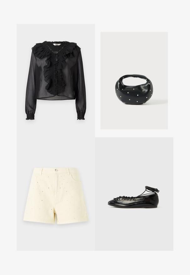 Blouse noire en dentelle transparente avec des manches longues, un col froncé et une patte de boutonnage à l'avant. Présente des détails smockés et des poignets élastiques. Tissu léger.; Shorts en denim jaunes avec une taille haute et une coupe décontractée, ornés de petits clous en argent éparpillés sur le devant pour un effet de détail.; Ballerines en cuir verni noir avec un bout rond, un design à lacets et une semelle plate. Texture lisse avec peu de détails.; Sac à main en cuir noir de forme arrondie, décoré de clous argentés et équipé d'une poignée courte. Texture lisse et fermeture éclair.