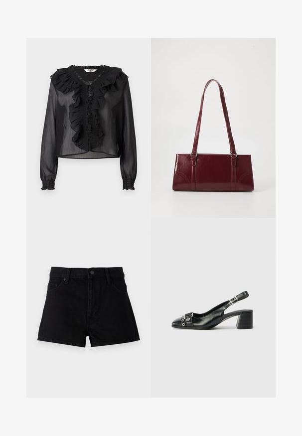 Blouse noire en dentelle transparente avec des manches longues, un col froncé et une patte de boutonnage à l'avant. Présente des détails smockés et des poignets élastiques. Tissu léger.; Shorts en denim noir avec une taille haute, un design à cinq poches, une fermeture à bouton et une finition épurée sans ornements.; Sandale à talon en cuir noir avec un bout pointu, une sangle texturée ornée d'accents métalliques circulaires et un talon empilé.; Sac à main bordeaux en matériau brillant, de forme rectangulaire, avec deux anses et des accents légèrement courbés à l'avant.