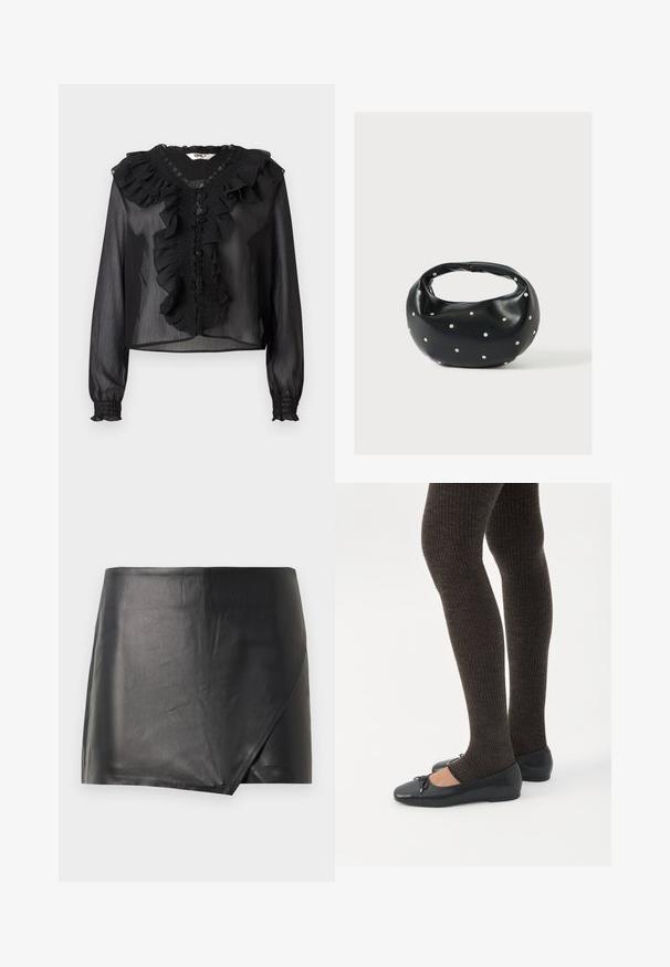 Blusa negra transparente con mangas largas, escote con volantes y placket delantero. Presenta detalles fruncidos y puños elásticos. Tela ligera.; Minifalda negra de cuero con diseño de envoltura, textura suave y un acabado limpio. No presenta herrajes visibles ni patrones.; Piernas con leggings oscuros acanalados combinados con bailarinas negras que presentan pequeños detalles de lazo sobre un fondo blanco.; Bolso de mano de cuero negro con forma redondeada, decorado con detalles de tachuelas plateadas y un asa corta. Textura lisa y cierre con cremallera.