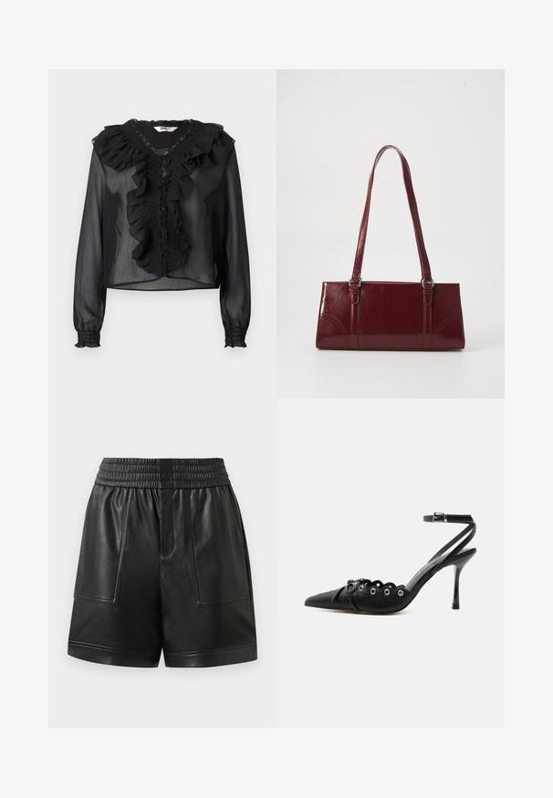 Blusa negra transparente con mangas largas, escote con volantes y placket delantero. Presenta detalles fruncidos y puños elásticos. Tela ligera.; Pantalones cortos de imitación cuero negro con cinturilla elástica, botón a presión en la parte delantera, grandes bolsillos de parche en la parte delantera y dobladillo recto.; Zapato de tacón alto negro con punta fina, bordes ondulados, ojales metálicos, cordones delanteros y una correa en el tobillo con cierre de hebilla.; Bolso burdeos hecho de material brillante, de forma rectangular, con dos asas para el hombro y sutiles acentos curvados en la parte frontal.