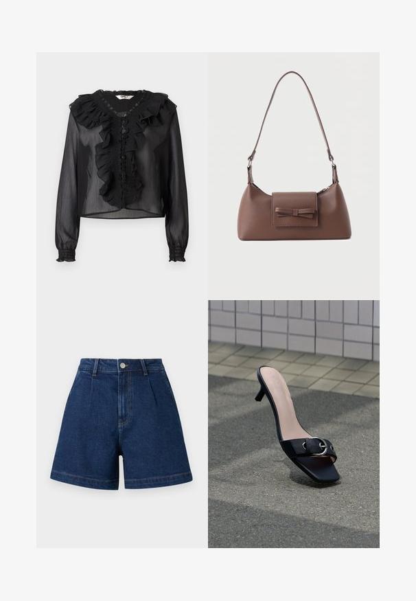 Sort gennemsigtig bluse med lange ærmer, flæseuddannelse ved halsudskæringen og frontplacket. Har smockdetaljer og elastiske manchetter. Letvægtsstof.; Marineblå denimshorts med højtaljet pasform, frontplisseringer, knaplukning, bæltestropper og vide ben.; Sort højhælet mule-sandal med firkantet tå, sølvspænde på rem, placeret på asfalt nær flisebelagt væg.; Brun skuldertaske i læder med en frontlomme med klap, der har en sydd sløjfedetalje, og en justerbar rem.