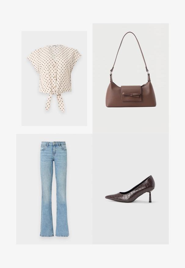 Blouse beige à manches courtes avec pois noirs, boutons sur le devant, col en V et détail de nœud noué à l'ourlet.; Jean en denim bleu clair avec une taille haute et des jambes évasées, doté de poches avant, passants pour ceinture et fermeture par bouton.; Escarpins à bout pointu en similicuir marron avec une texture crocodile, dotés d’un talon fin et angulaire ainsi que d’une doublure intérieure lisse.; Sac à bandoulière en cuir marron avec une poche à rabat avant ornée d'un détail en forme de nœud cousu et une sangle réglable.