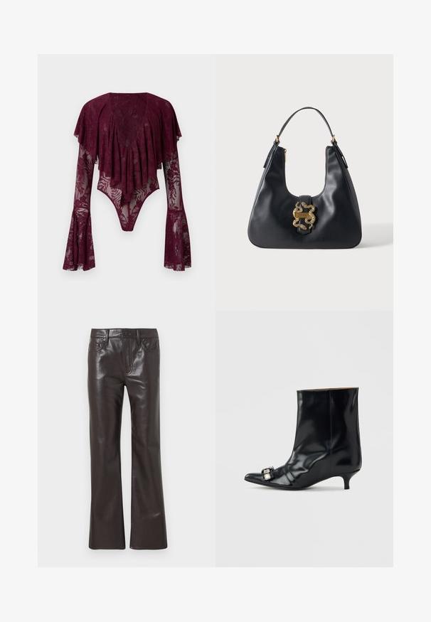 Body en dentelle bordeaux avec manches volantées, orné de motifs floraux, décolleté plongeant et texture transparente. Fermeture à pression en bas.; Pantalon droit en similicuir marron foncé avec fermeture à bouton et fermeture éclair, poches avant et arrière, et passants pour ceinture.; Bottine en cuir noir avec bout pointu, petit talon kitten bas et boucle décorative en argent sur le côté près de l'orteil.; Sac à main en cuir noir avec une bandoulière unique et un fermoir décoratif doré en forme de serpents entrelacés sur le devant.