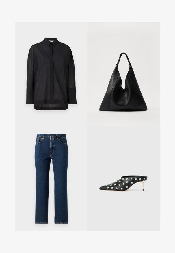 Schwarzes Langarmshirt mit Knopfkragen, transparenter Stoff, gerader Schnitt und subtiler Textur sowie einem frontalen Knopfdesign.; Dunkelblaue Jeans mit geradem Bein, vorderem Knopf- und Reißverschluss, Vorder- und Gesäßtaschen sowie kontrastierenden Nähten.; STAND STUDIO KELSEY - Pantolette hoch - black; Schwarze Ledertasche mit einer einzigartigen V-förmigen Öffnung, ausgestattet mit einem geflochtenen Griff und einer strukturierten Oberfläche. Minimalistisches Design mit sanften Kurven.