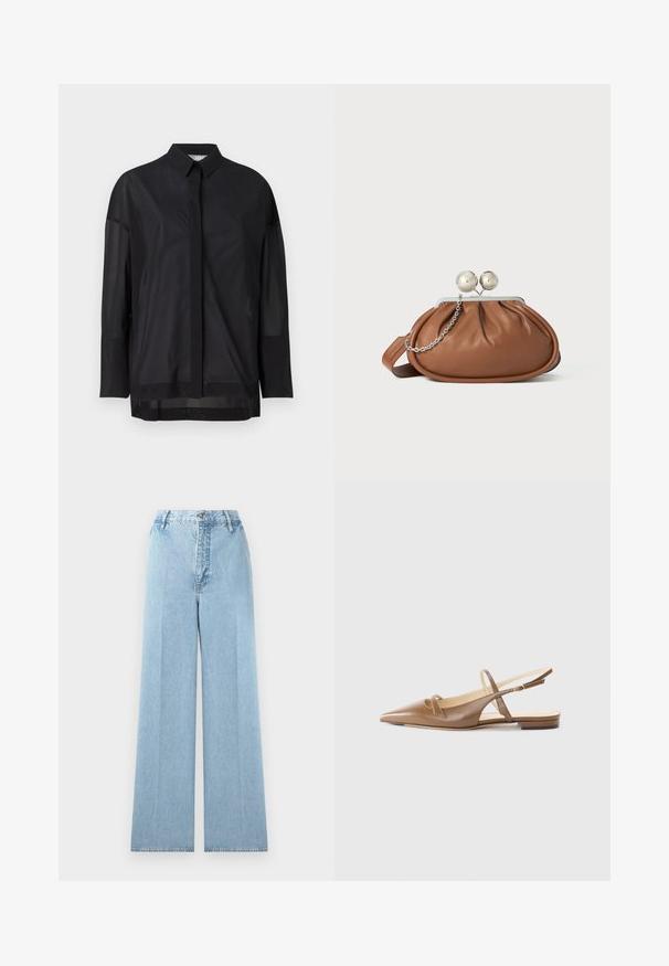 Schwarzes Langarmshirt mit Knopfkragen, transparenter Stoff, gerader Schnitt und subtiler Textur sowie einem frontalen Knopfdesign.; Hellblaue weit geschnittene Jeans aus Denim mit hoher Taille, ausgestattet mit fünf Gürtelschlaufen, einem vorderen Knopfverschluss und gesteppte Nähte.; Braune Leder-Slingback-Schuhe mit spitzer Zehenform, zwei schmalen Riemen und niedrigem Absatz. Glatte Textur mit polierter Oberfläche.; Braune Leder-Clutch mit silbernem Kugelverschluss und einem kleinen silbernen Kettendetail auf weißem Hintergrund.