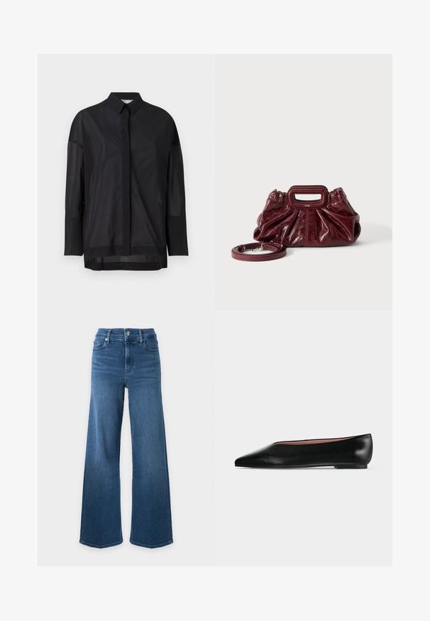Sort langærmet skjorte med button-up krave, gennemsigtigt stof, lige snit og subtil tekstur med en frontplacket design.; Blå high-waist denim jeans med vide ben, frontknap og lynlåslukning samt klassisk fem-lomme design på hvid baggrund.; Sort damesko i læder med flad hæl og spids tå, vist fra siden på en ensfarvet lys grå baggrund.; Lille mørkerød læderhåndtaske med opsamlet struktur, rektangulært håndudskåret håndtag og aftagelig skulderrem på hvid baggrund.