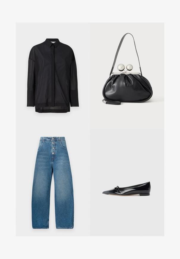 Schwarzes Langarmshirt mit Knopfkragen, transparenter Stoff, gerader Schnitt und subtiler Textur sowie einem frontalen Knopfdesign.; Weite blaue Denim-Jeans mit hoher Taille, Fünf-Knopf-Verschluss vorne und zwei seitlichen Taschen. Glatte Textur, klassischer blauer Waschung.; Schwarze Lackleder-Ballerina mit spitzem Zehenbereich, kleinem dekorativen Riemen und niedrigem Blockabsatz. Glatte Textur und elegantes Design.; Schwarze Ledertasche mit gerafftem Design, einem einzelnen Riemen, silbernem Metallrahmen und zwei großen runden silbernen Verschlüssen.