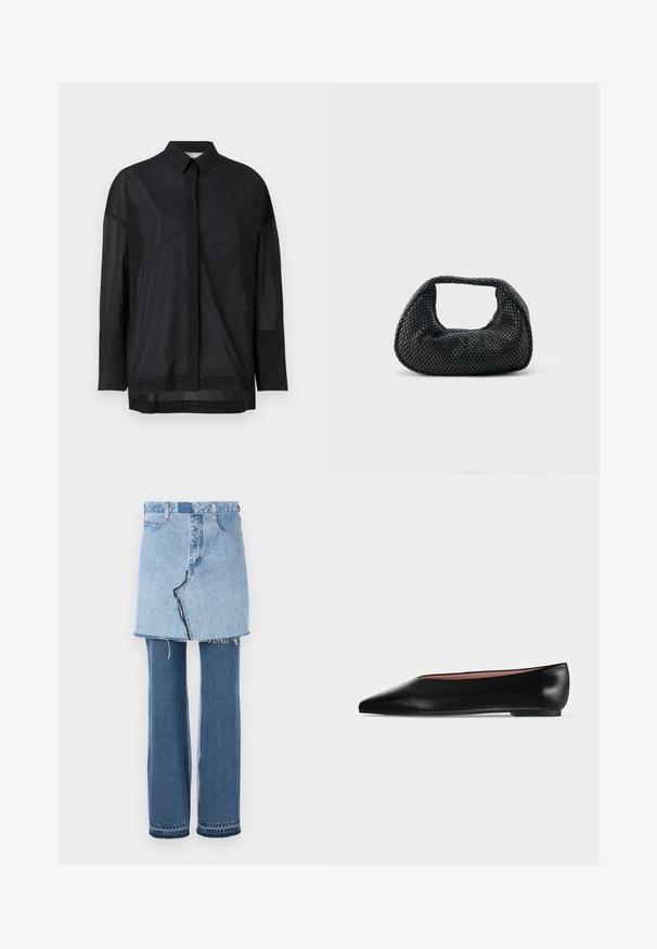 Camisa negra de manga larga con cuello de botón, tela transparente, corte recto y textura sutil, con un diseño de tapeta en la parte delantera.; Prenda de denim que combina una mini falda de color azul claro en la parte superior y jeans acampanados de color azul oscuro en la parte inferior; presenta un dobladillo deshilachado y una textura clásica de denim.; Zapato plano negro de cuero para mujer con punta puntiaguda y tacón bajo, mostrado de lado sobre un fondo liso gris claro.; Bolso hobo tejido negro con estructura suave y asa integrada, exhibido sobre un fondo liso y claro.