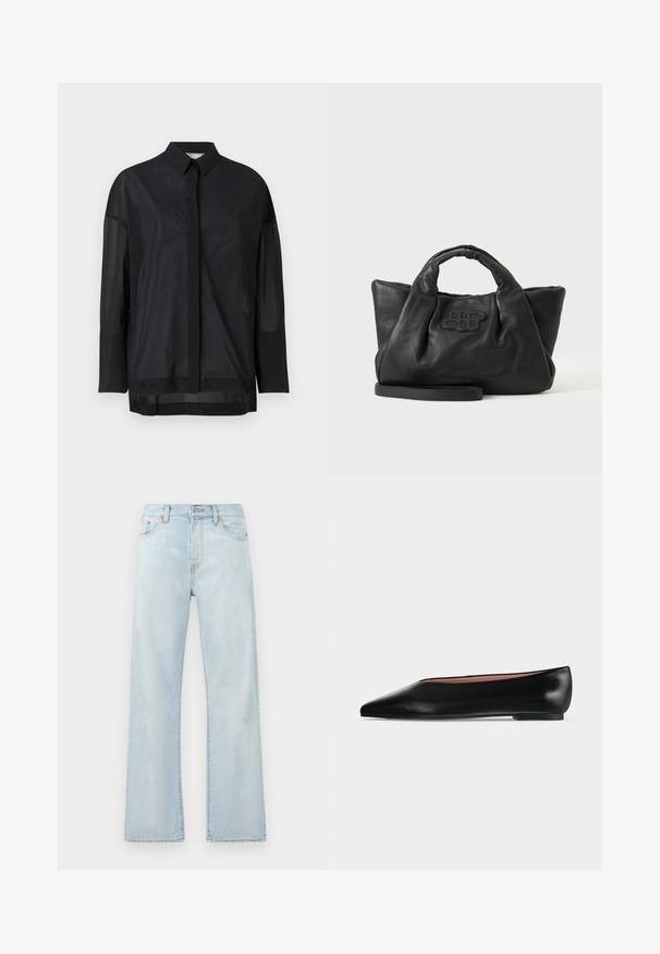 Sort langærmet skjorte med button-up krave, gennemsigtigt stof, lige snit og subtil tekstur med en frontplacket design.; Lyseblå denimjeans med høj talje, vidde ben-design og subtil falming. Har klassisk fem-lommes styling og tonale syninger.; Sort damesko i læder med flad hæl og spids tå, vist fra siden på en ensfarvet lys grå baggrund.; Sort blødt læderhåndtaske med korte håndtag, en aftagelig rem og et syet logo foran, på en ensfarvet lys baggrund.