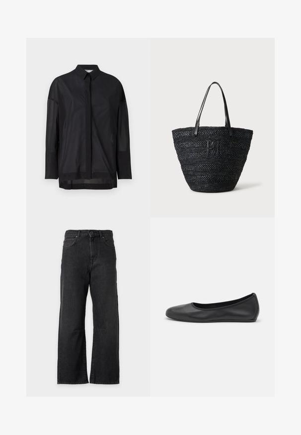 Schwarzes Langarmshirt mit Knopfkragen, transparenter Stoff, gerader Schnitt und subtiler Textur sowie einem frontalen Knopfdesign.; Schwarze Jeans mit weitem Bein, vorderer Knopf- und Reißverschluss, Gürtelschlaufen und Seitentaschen, auf schlicht hellem Hintergrund dargestellt.; Schwarze Leder-Ballettschuhe mit abgerundeter Spitze, glatter Textur, minimalen Nähdetails und einem flexiblen Sohlen-Design.; Schwarze, gewebte Tragetasche mit zwei dünnen Ledergriffen und einem dezenten, geflochtenen Logo auf der Vorderseite, stehend vor einem hellen Hintergrund.