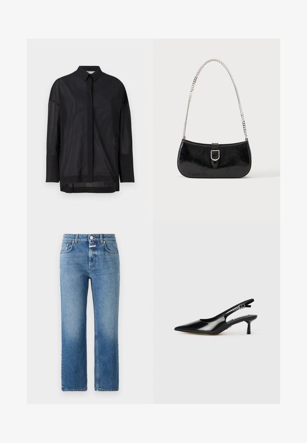 Camisa negra de manga larga con cuello de botón, tela transparente, corte recto y textura sutil, con un diseño de tapeta en la parte delantera.; CLOSED MILO - Vaqueros rectos - mid blue; Tacones slingback de charol negro con punta afilada, tacón delgado y correa ajustable con hebilla. Textura suave con un detalle mínimo.; Bolso de hombro de charol negro con detalle de hebilla plateada y correa de cadena plateada, presentado sobre un fondo liso y claro.